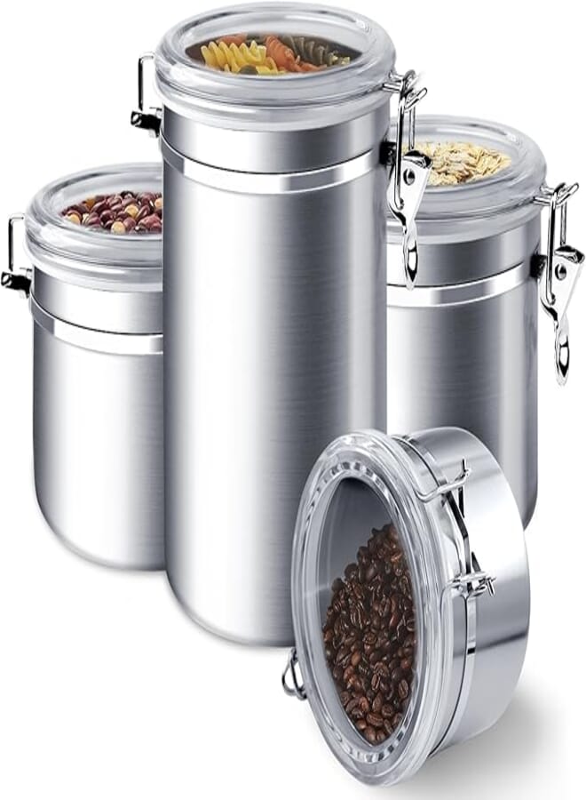 ENLOY 4-Piece Stainless Steel Airtight Food Storage Canister Set with Clear Lid, Canister Sets for Kitchen Counter for Sugar, Flour, Tea, Candy, Cookie, Spice, 28/32/38/65 oz