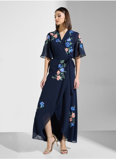Embroidered Flutter Sleeve Maxi Wrap Dress