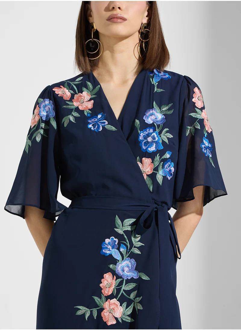 Hope & Ivy Embroidered Flutter Sleeve Maxi Wrap Dress