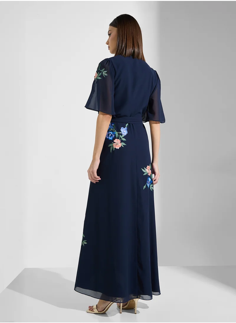 Hope & Ivy Embroidered Flutter Sleeve Maxi Wrap Dress