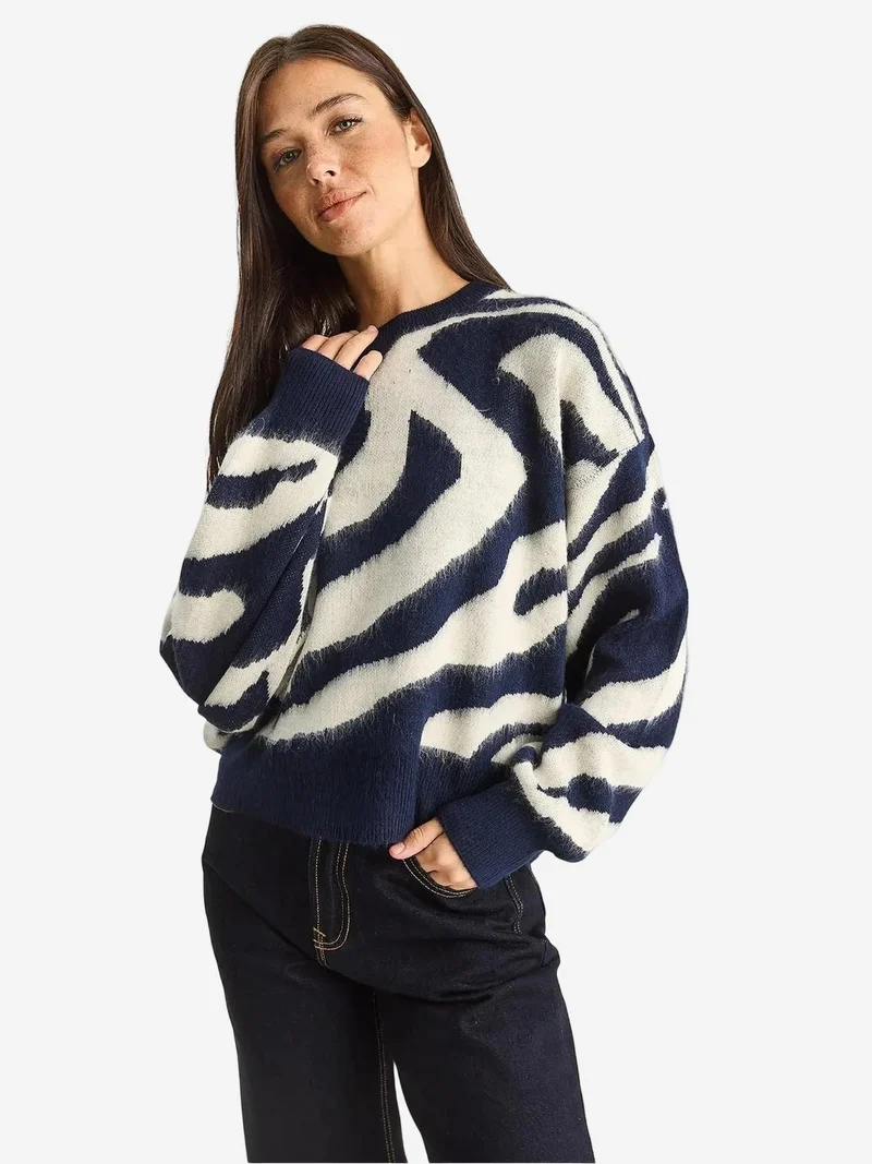 Bianco Lucci LUCCI Zebra Pattern Ribbed Knit Sweater