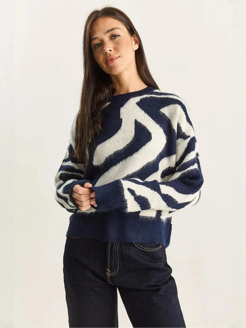 Bianco Lucci LUCCI Zebra Pattern Ribbed Knit Sweater