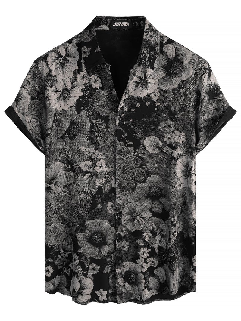 JOTOOK Mens Hawaiian Shirt Short Sleeve Button Down Tropical Shirts Casual Floral Summer Beach Shirt Large Black Gray - Image 1