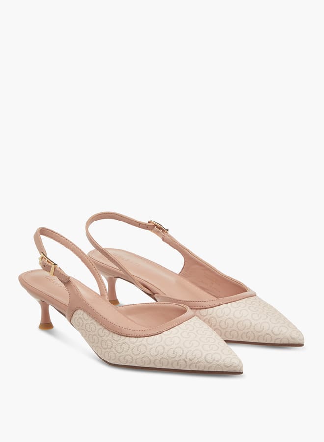 Celeste Women's Monogram Print Shoes with Buckle Closure and Kitten Heels  - Image 1
