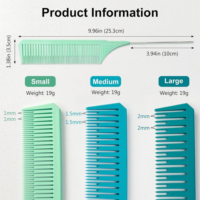 Zoolinn Premium Highlighting Comb Set – 3 Sizes - Blue & Green, with Rat Tail, Heat Resistant, for Home Use Hair Salon & Barbershop, Professional Hair Dye Styling Comb - Image 2