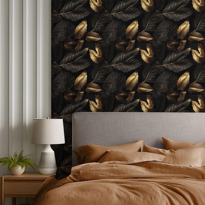 REDAMANCY Modern Dark Black Gloden Steel Leaf Plants Botanical Peel and Stick Wallpaper Stick on Contact Paper Vintage Wall Paper Easy Peel Off for nightstand Drawer Cabinet Renter - Image 5