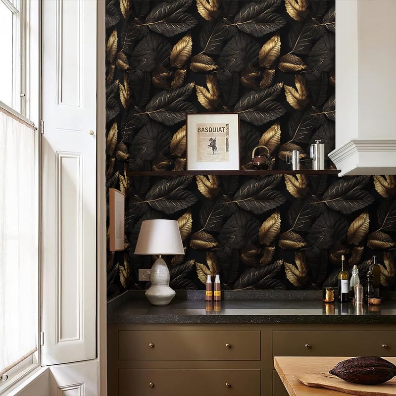 REDAMANCY Modern Dark Black Gloden Steel Leaf Plants Botanical Peel and Stick Wallpaper Stick on Contact Paper Vintage Wall Paper Easy Peel Off for nightstand Drawer Cabinet Renter - Image 4