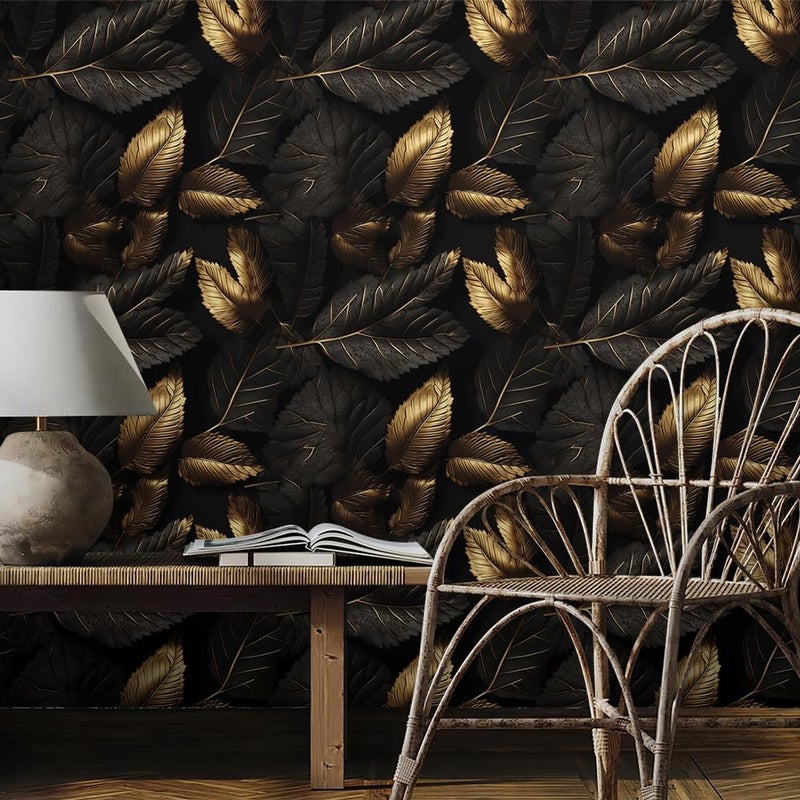 REDAMANCY Modern Dark Black Gloden Steel Leaf Plants Botanical Peel and Stick Wallpaper Stick on Contact Paper Vintage Wall Paper Easy Peel Off for nightstand Drawer Cabinet Renter - Image 2
