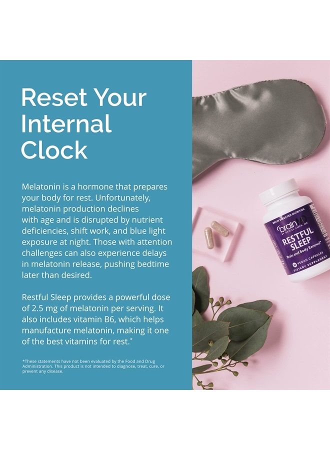 BRAINMD Restful Sleep - 60 Vegan Capsules - Supports Brain & Body Renewal - with Melatonin, Valerian Extract, GABA & Magnesium - Non-Habit Forming - 30 Servings - Image 3