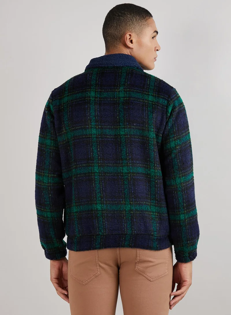 Campus Sutra Men's Navy Blue & Green Tartan Plaid Jacket With Fleece Collar