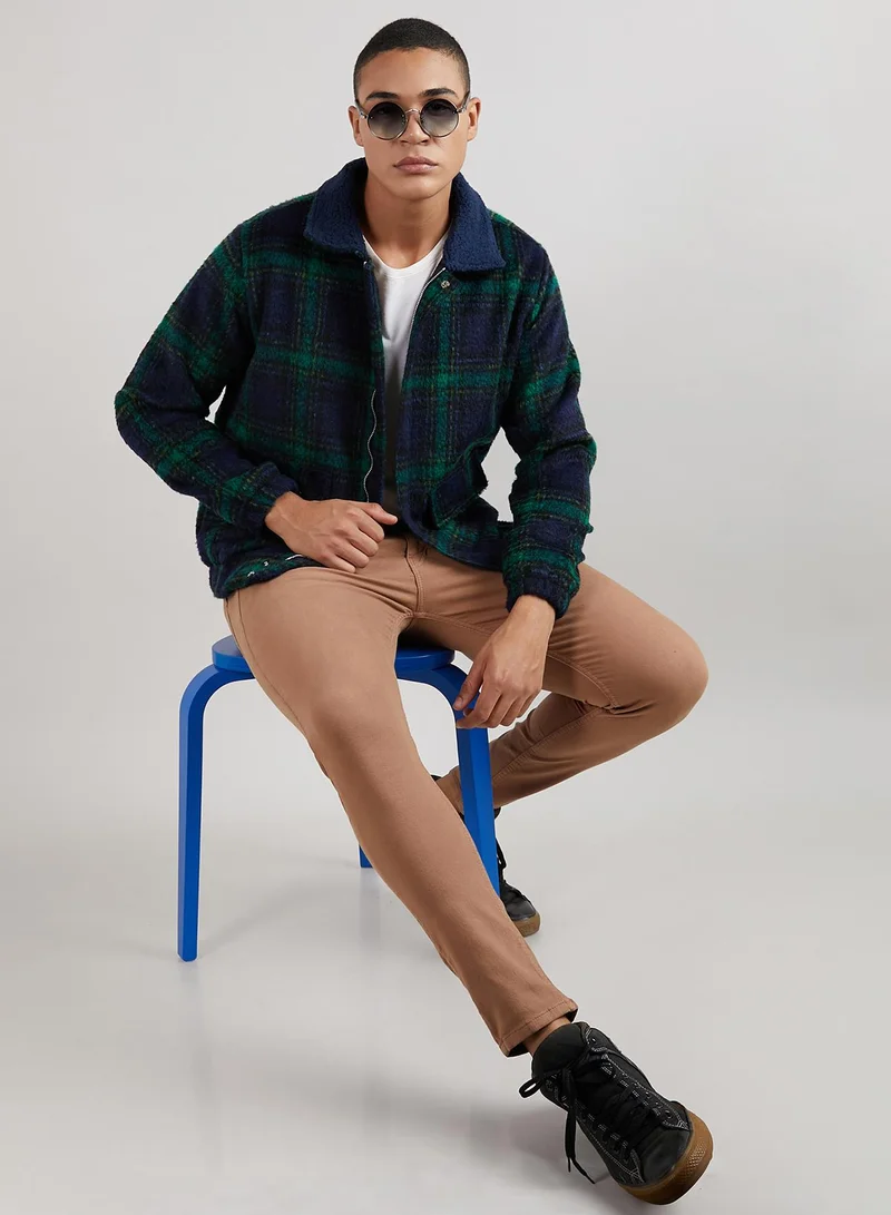 Campus Sutra Men's Navy Blue & Green Tartan Plaid Jacket With Fleece Collar