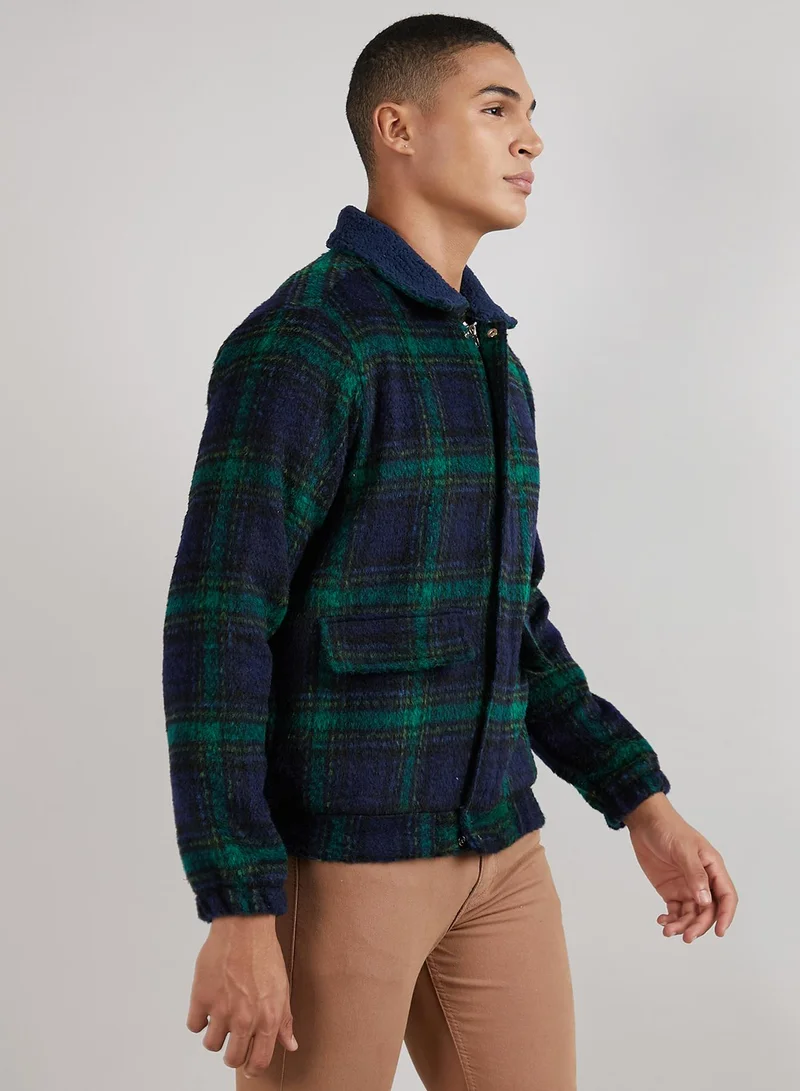 Campus Sutra Men's Navy Blue & Green Tartan Plaid Jacket With Fleece Collar
