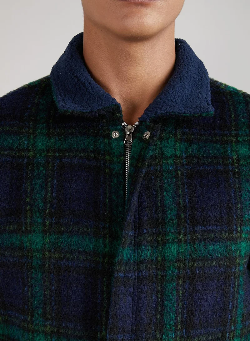 Campus Sutra Men's Navy Blue & Green Tartan Plaid Jacket With Fleece Collar