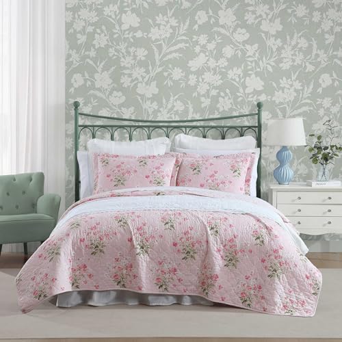 Laura Ashley Quilt Set Super Soft Bedding with Matching Shams Features Open Sham Closures Chic Home Decor Swimtime Coral FullQueen