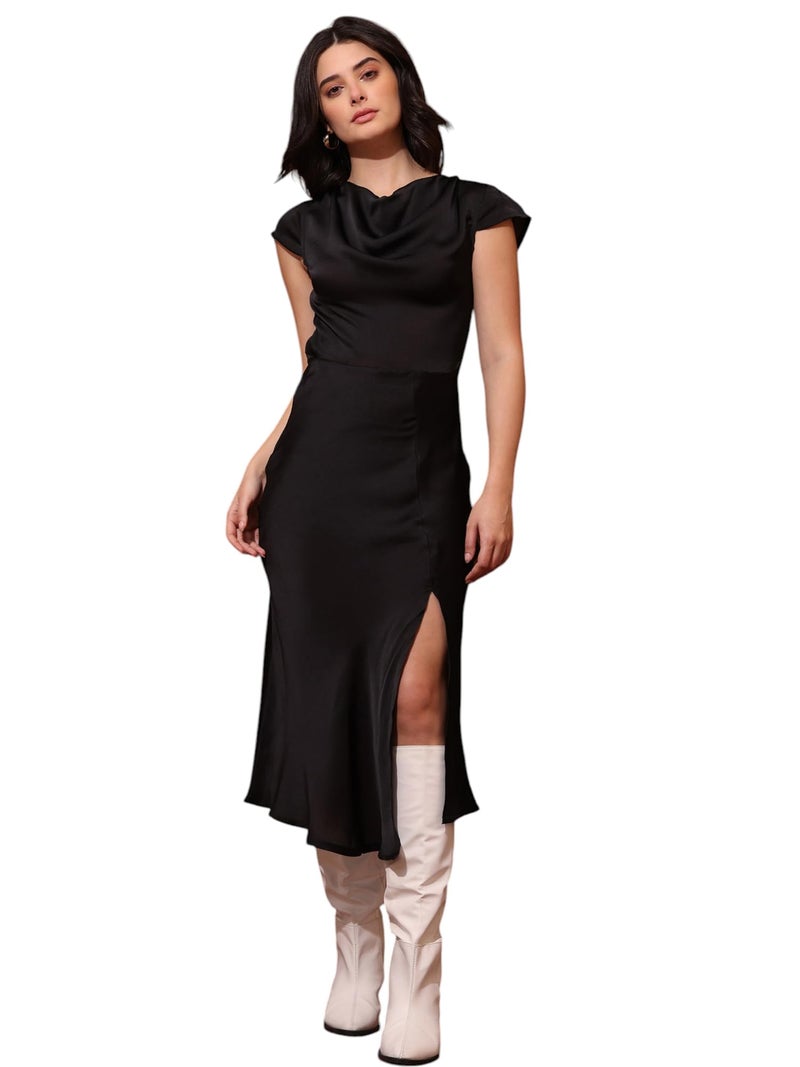 PURVAJA Women’s Cowl Neck Silk Blend Dress (Floe-119-M_Black) - Image 1
