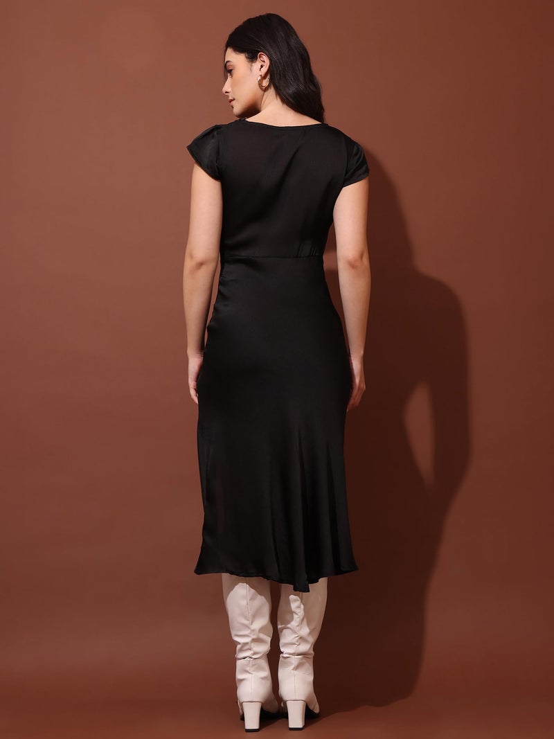 PURVAJA Women’s Cowl Neck Silk Blend Dress (Floe-119-M_Black) - Image 3