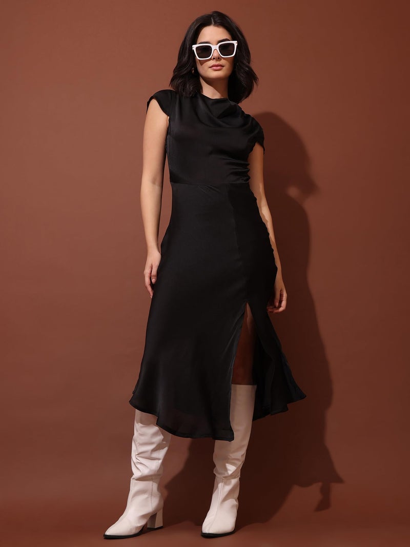 PURVAJA Women’s Cowl Neck Silk Blend Dress (Floe-119-M_Black) - Image 4