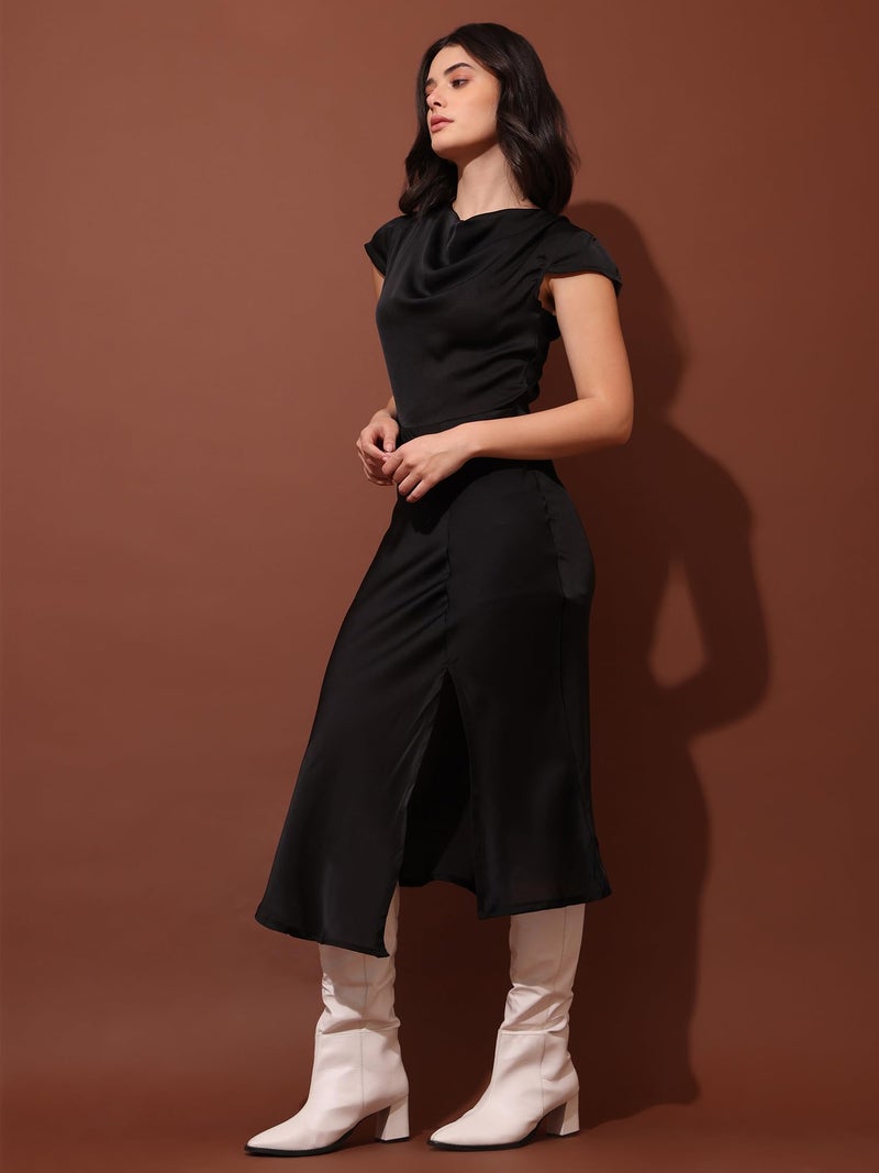 PURVAJA Women’s Cowl Neck Silk Blend Dress (Floe-119-M_Black) - Image 2