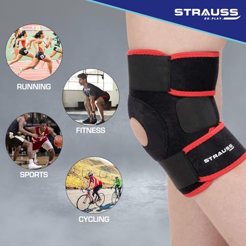 STRAUSS Adjustable Knee Support Patella | Breathable Knee Cap for Knee Pain, Gym Workout, Running, Arthritis and Protection | Knee Brace for Knee Pain Relief | For Men and Women | Size: Free Size, (Black/Red) - Image 4