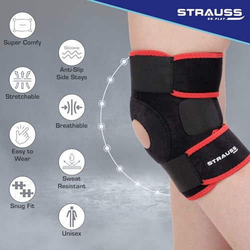 STRAUSS Adjustable Knee Support Patella | Breathable Knee Cap for Knee Pain, Gym Workout, Running, Arthritis and Protection | Knee Brace for Knee Pain Relief | For Men and Women | Size: Free Size, (Black/Red) - Image 2