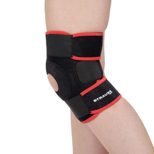 STRAUSS Adjustable Knee Support Patella | Breathable Knee Cap for Knee Pain, Gym Workout, Running, Arthritis and Protection | Knee Brace for Knee Pain Relief | For Men and Women | Size: Free Size, (Black/Red) - Image 1