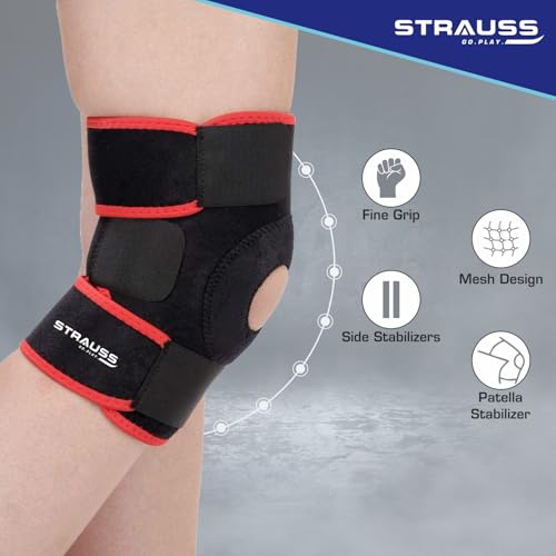 STRAUSS Adjustable Knee Support Patella | Breathable Knee Cap for Knee Pain, Gym Workout, Running, Arthritis and Protection | Knee Brace for Knee Pain Relief | For Men and Women | Size: Free Size, (Black/Red) - Image 3