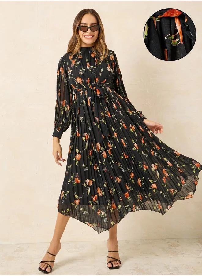 Styli Styli Pleated Asymmetric Hem Midi Dress