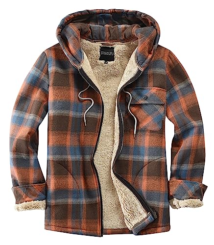 Elesuit Men's Fleece Jackets for Men Sherp Plaid Flannel Sweatshirt for Men Zip Hooides Orange Medium - Image 1