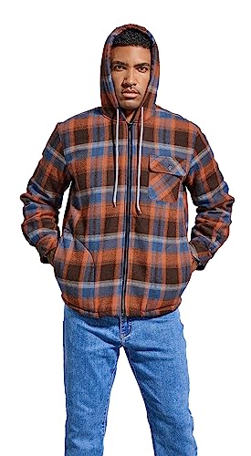 Elesuit Men's Fleece Jackets for Men Sherp Plaid Flannel Sweatshirt for Men Zip Hooides Orange Medium - Image 3