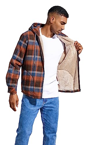 Elesuit Men's Fleece Jackets for Men Sherp Plaid Flannel Sweatshirt for Men Zip Hooides Orange Medium - Image 4