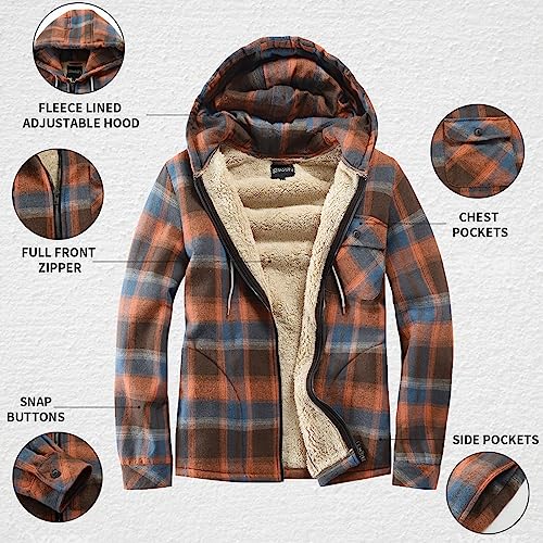 Elesuit Men's Fleece Jackets for Men Sherp Plaid Flannel Sweatshirt for Men Zip Hooides Orange Medium - Image 5