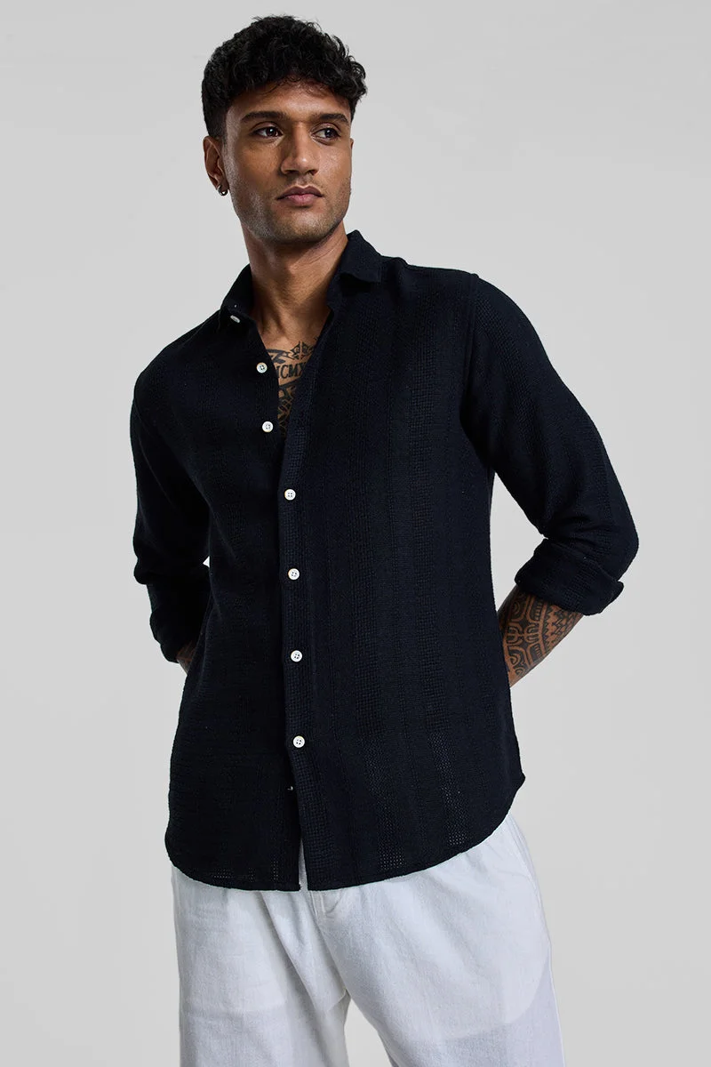 سنيتش Black Textured Long Sleeve Slim Fit Casual Shirt