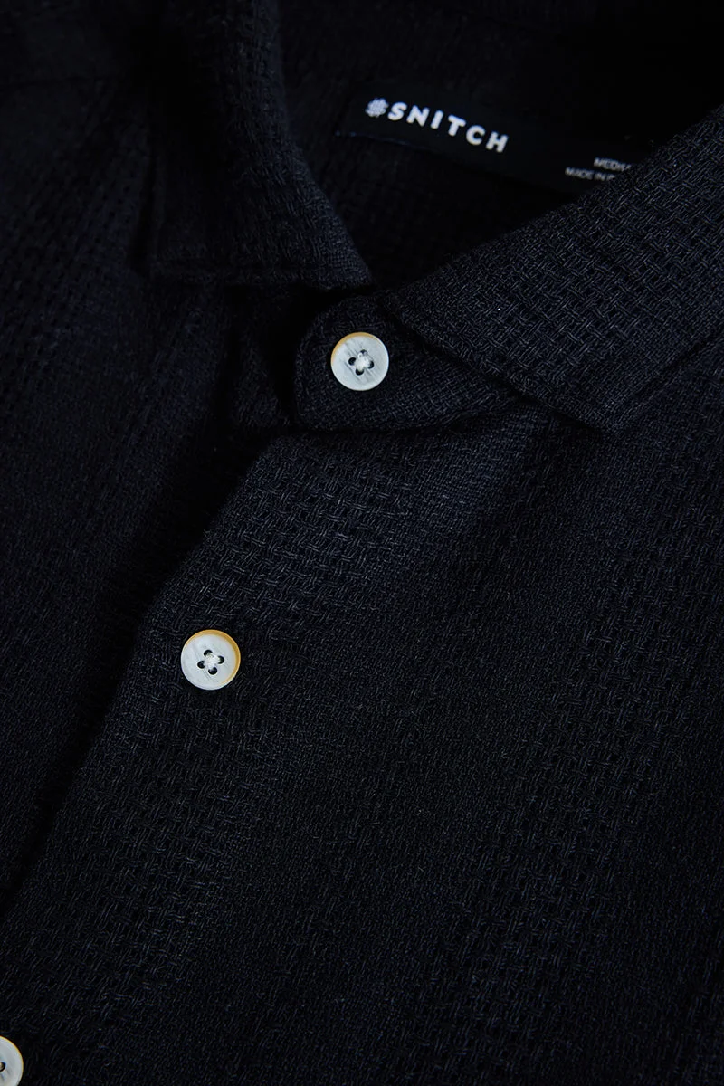 سنيتش Black Textured Long Sleeve Slim Fit Casual Shirt