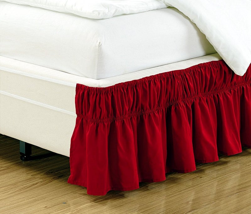 Fancy Collection Queen King Easy Fit Bed Ruffle Wrap Around Elastic Bed Skirt with 17 Drop New Easy Install Solid Red