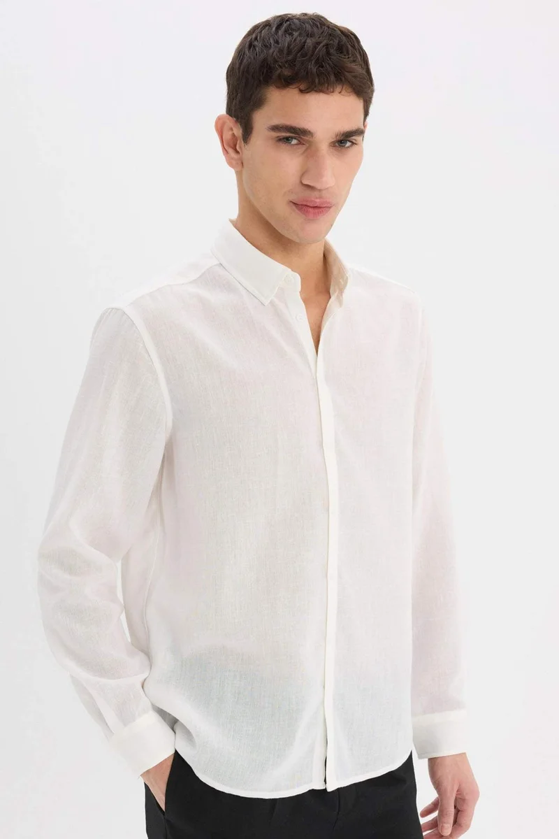 ديفاكتو Regular Fit Polo Neck Linen Look Shirt