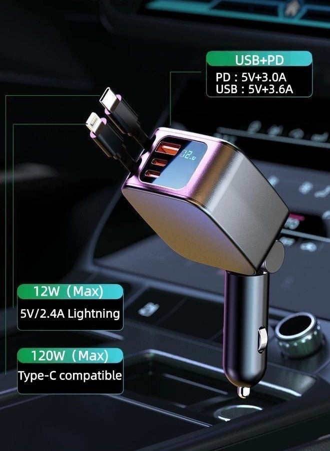 Hapinsyn 120W Car Charger Fast for Cigarette Lighter Type-C Fast,5-In-1 Usb Pd Car Charger Type C Fast Charging With 0.7m Retractable Cable,Tangle-Free Fast Charging, Fireproof Pc Material，Over-Heating Protection, Compatible With Macbook Pro Air, Ipad, Iphone, Galaxy,Xiaomi And More（Black） - Image 3