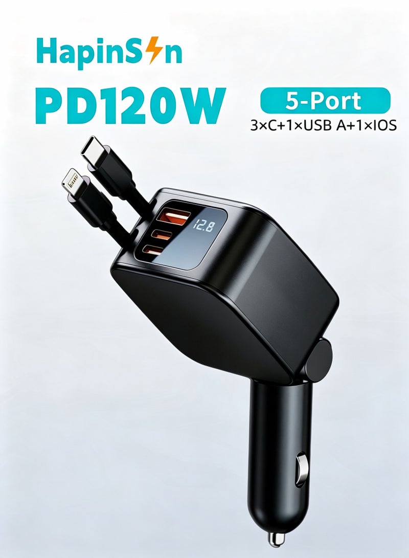 Hapinsyn 120W Car Charger Fast for Cigarette Lighter Type-C Fast,5-In-1 Usb Pd Car Charger Type C Fast Charging With 0.7m Retractable Cable,Tangle-Free Fast Charging, Fireproof Pc Material，Over-Heating Protection, Compatible With Macbook Pro Air, Ipad, Iphone, Galaxy,Xiaomi And More（Black） - Image 1