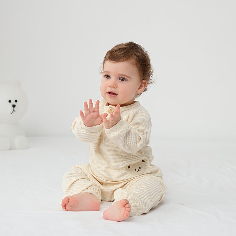 Baby two-piece suit clothes spring and autumn pure cotton baby split spring and autumn boys and girls home sleeping clothes embroidery - Image 3