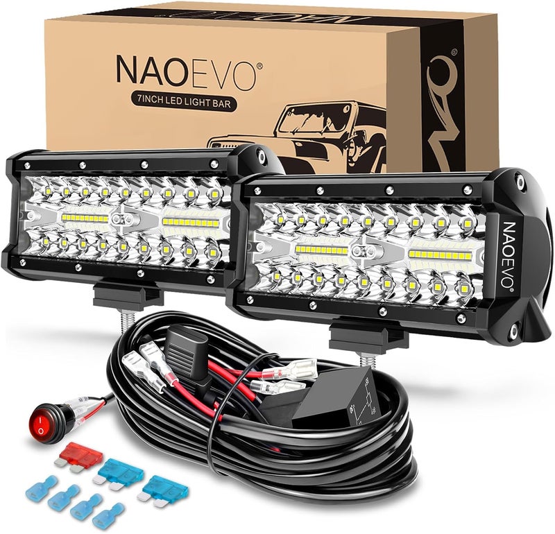 NAOEVO 7 Inch LED Light Bar, 240W 24,000LM Offroad Fog/Driving Lights with Wiring Harness Kit, Spot Flood Combo Beam, 2-Pack (White) - Image 1