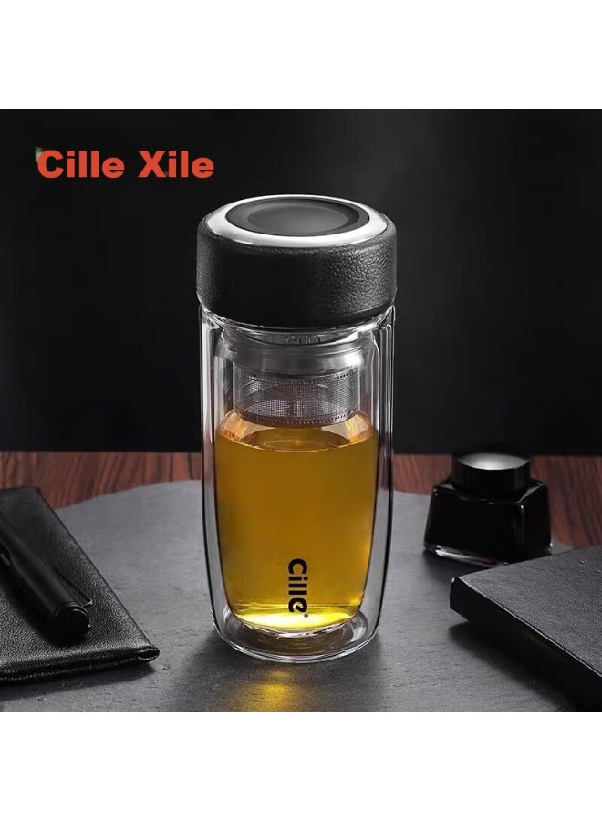 cille Xile Double-layer Glass Water Cup, Stylish Men's Business Office Tea Infuser Mug, Portable Tea Steeping Cup - Image 2