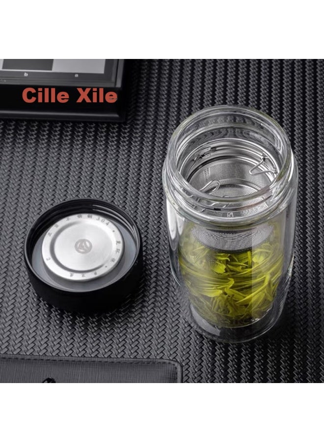 cille Xile Double-layer Glass Water Cup, Stylish Men's Business Office Tea Infuser Mug, Portable Tea Steeping Cup - Image 3
