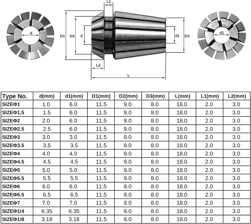 Genmitsu 15PCS ER11 Precision Spring Collet Set for CNC Engraving Milling Lathe Chuck Tool, 1.0mm-7.0mm & 1/4", 1/8" - Image 3