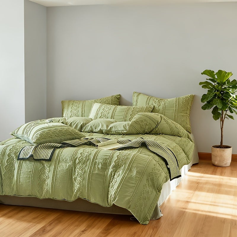 New Floral Quilt Cover Set, 2/3pcs Set (1 Quilt Cover + 1/2 Pillowcases), Vertical Stripes and Checkered Design, Green Vintage-Style Quilt Cover, Comfortable Fabric, All-Season Bedding Quilt Cover Set - Image 3