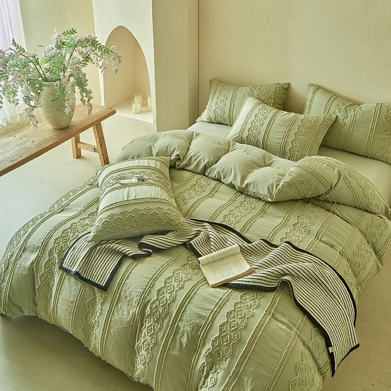 New Floral Quilt Cover Set, 2/3pcs Set (1 Quilt Cover + 1/2 Pillowcases), Vertical Stripes and Checkered Design, Green Vintage-Style Quilt Cover, Comfortable Fabric, All-Season Bedding Quilt Cover Set - Image 2