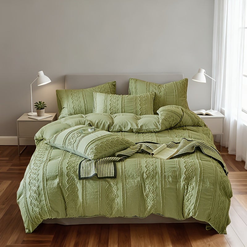 New Floral Quilt Cover Set, 2/3pcs Set (1 Quilt Cover + 1/2 Pillowcases), Vertical Stripes and Checkered Design, Green Vintage-Style Quilt Cover, Comfortable Fabric, All-Season Bedding Quilt Cover Set - Image 4