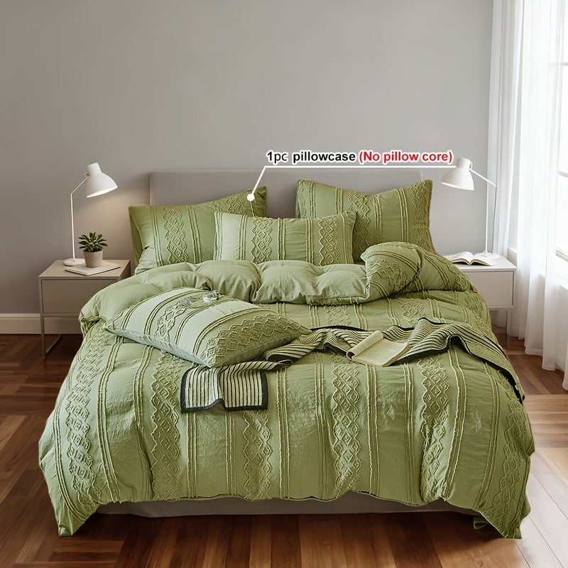New Floral Quilt Cover Set, 2/3pcs Set (1 Quilt Cover + 1/2 Pillowcases), Vertical Stripes and Checkered Design, Green Vintage-Style Quilt Cover, Comfortable Fabric, All-Season Bedding Quilt Cover Set - Image 1