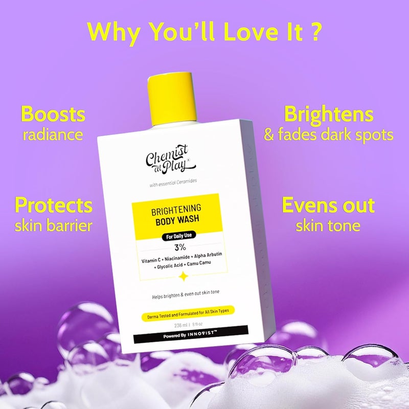 Chemist at Play Brightening Body Wash Glowing Skin Vitamin C Bodywash Helps to Reduce Fades Dark Spots Tan Evens out Skin Tone Alpha Arbutin 30X Vitamin C with Camu Camu For Women Men 236ml - Image 4
