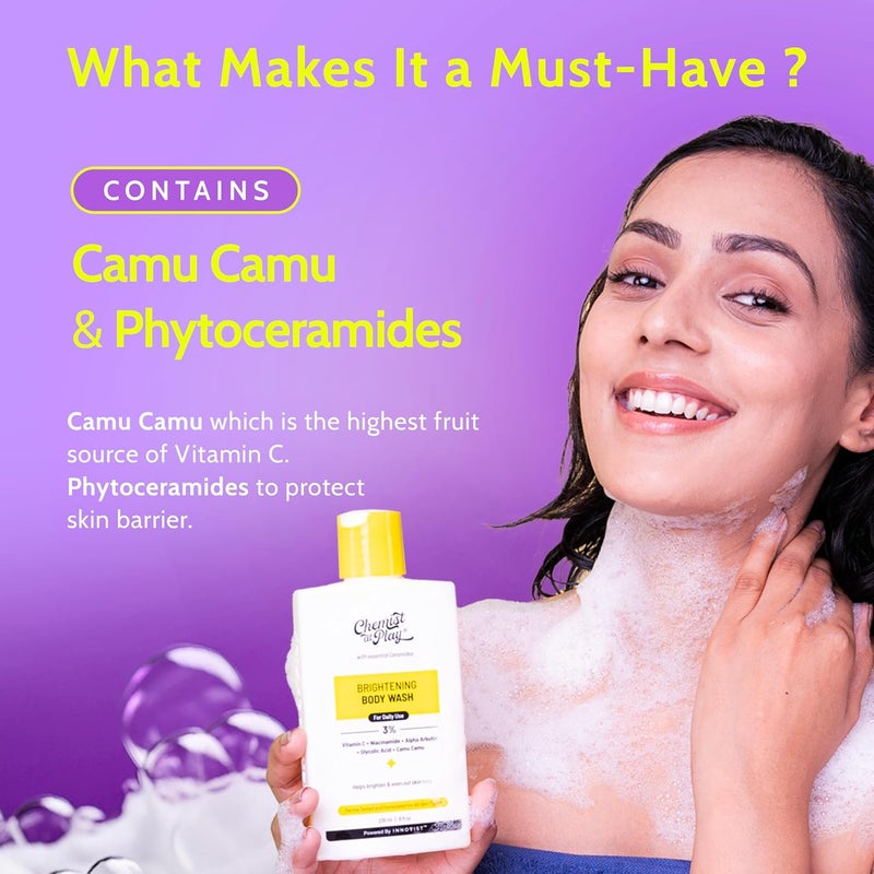 Chemist at Play Brightening Body Wash Glowing Skin Vitamin C Bodywash Helps to Reduce Fades Dark Spots Tan Evens out Skin Tone Alpha Arbutin 30X Vitamin C with Camu Camu For Women Men 236ml - Image 3