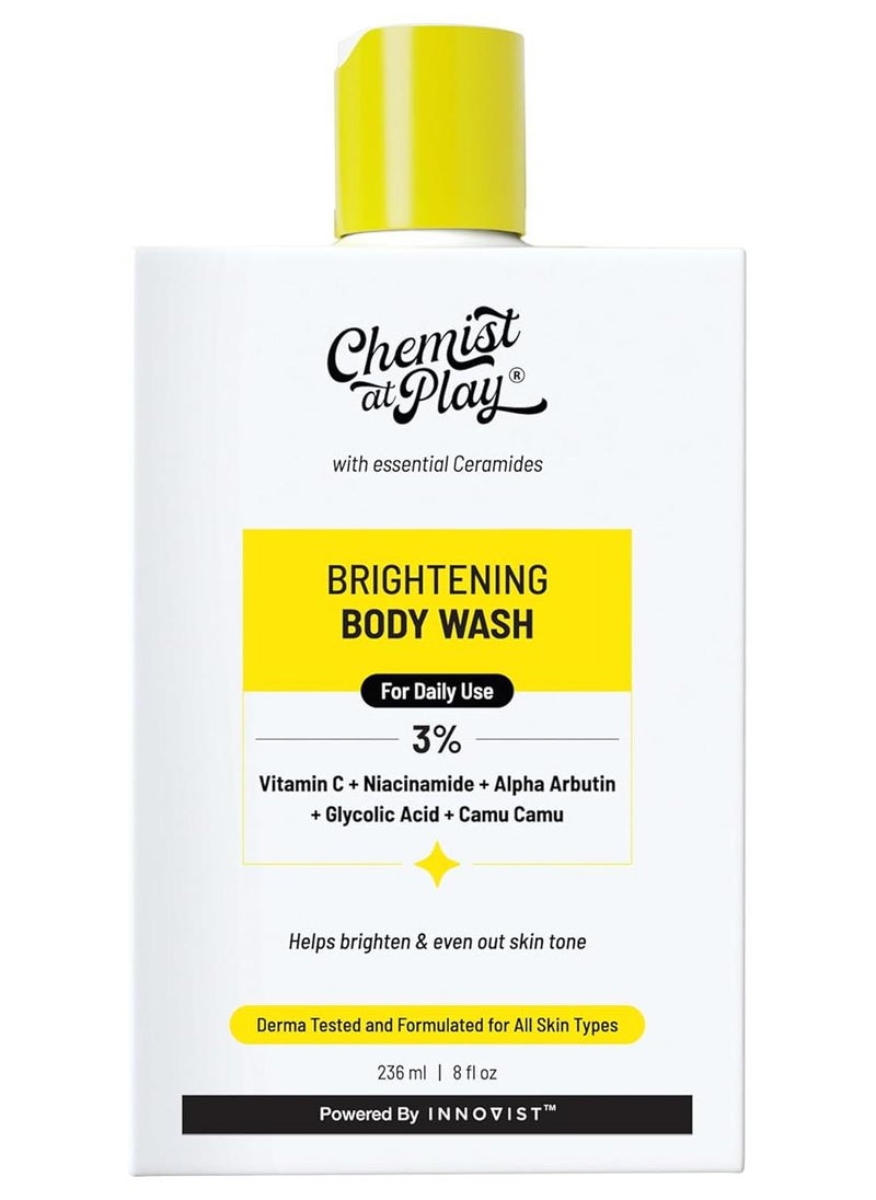 Chemist at Play Brightening Body Wash Glowing Skin Vitamin C Bodywash Helps to Reduce Fades Dark Spots Tan Evens out Skin Tone Alpha Arbutin 30X Vitamin C with Camu Camu For Women Men 236ml - Image 1