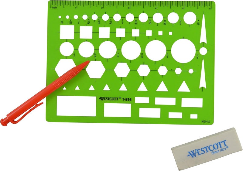 Westcott T-816 All-Purpose Technical Drawing Template, Plastic Shape Template Tool, Green, 4.5 by 6 in - Image 4